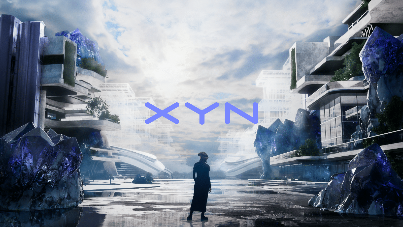 Futuristic sci-fi landscape with the XYNE logo and a silhouetted person standing in the center