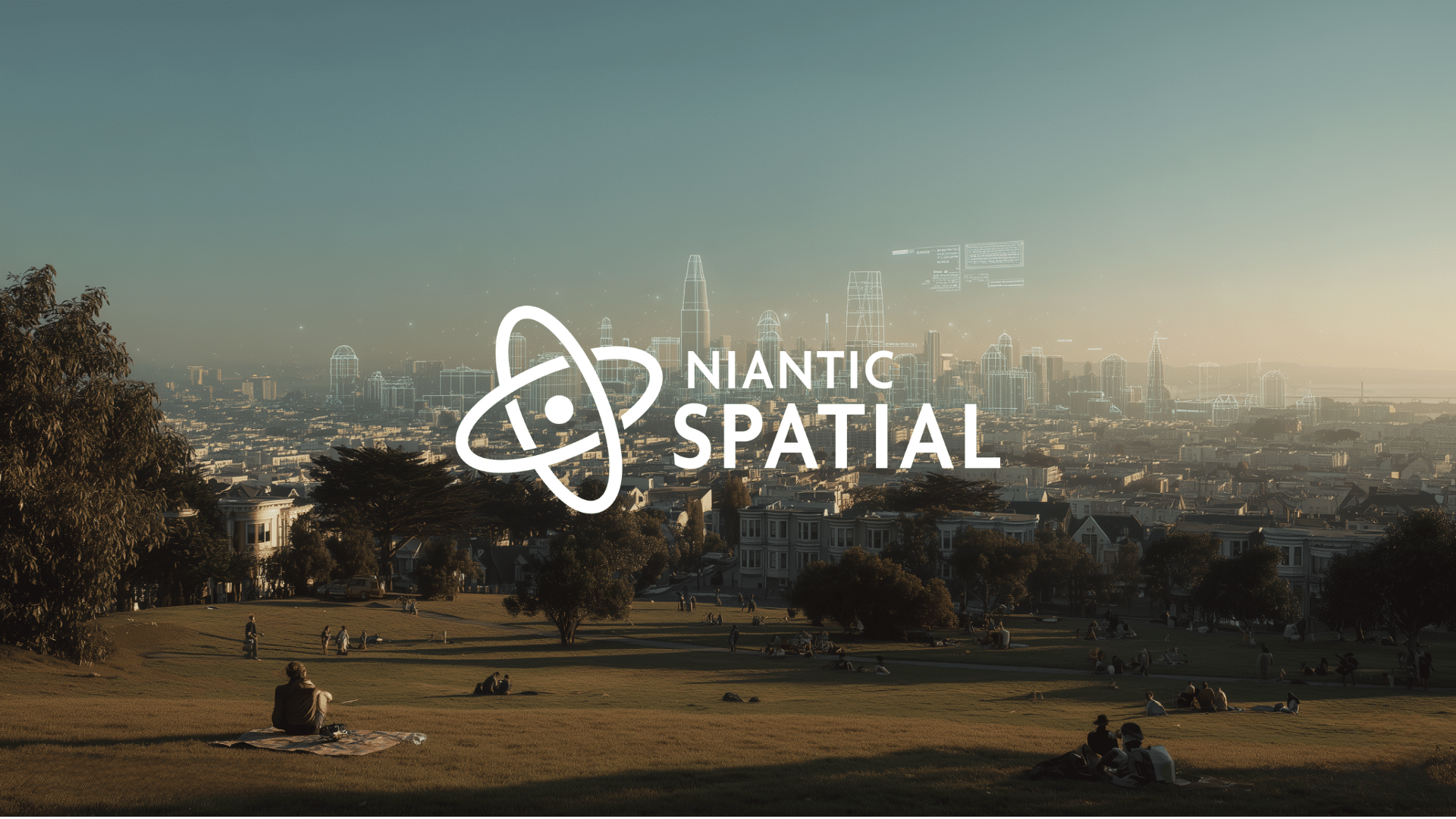 A skyline of a large city with tall buildings and skyscrapers in the background, with the Niantic Spatial logo in the foreground.