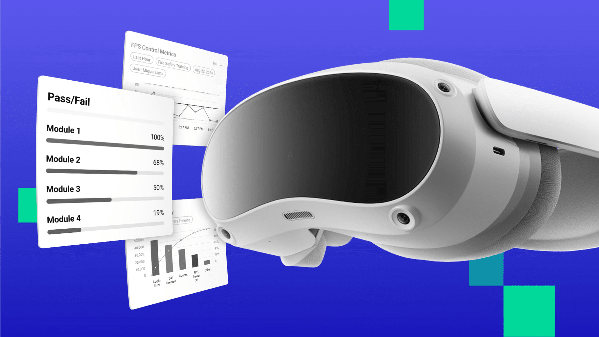 Virtual reality headset and FPS control metrics report showing pass/fail data for training modules