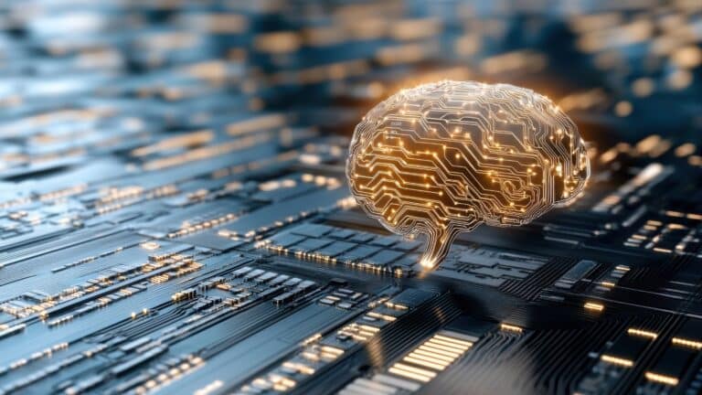 A digital brain model made of glowing circuits and electrical patterns, symbolizing artificial intelligence and technology
