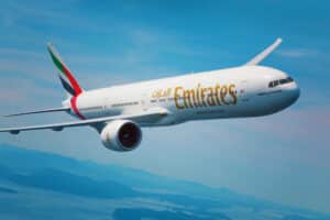 Emirates Boeing 777-300ER aircraft soaring in the sky