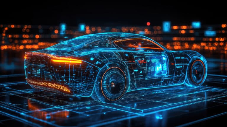 Futuristic concept car with holographic technology and urban night city lights in the background