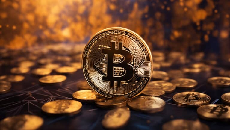 Golden Bitcoin cryptocurrency coin on a background of other Bitcoin coins