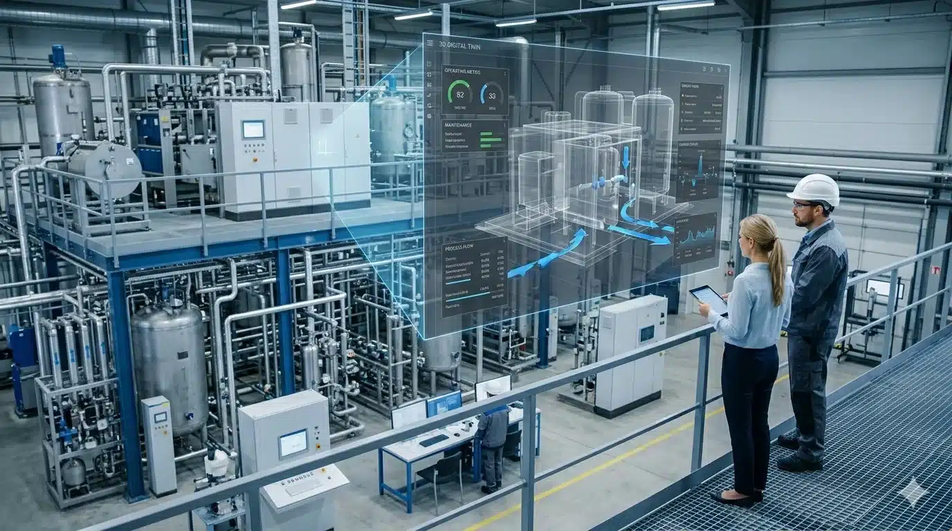 Engineers monitoring 3D digital twin of industrial processing plant with real-time operating metrics