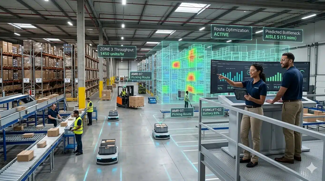 Warehouse managers using digital twin heatmap and route optimization dashboards to monitor autonomous mobile robots