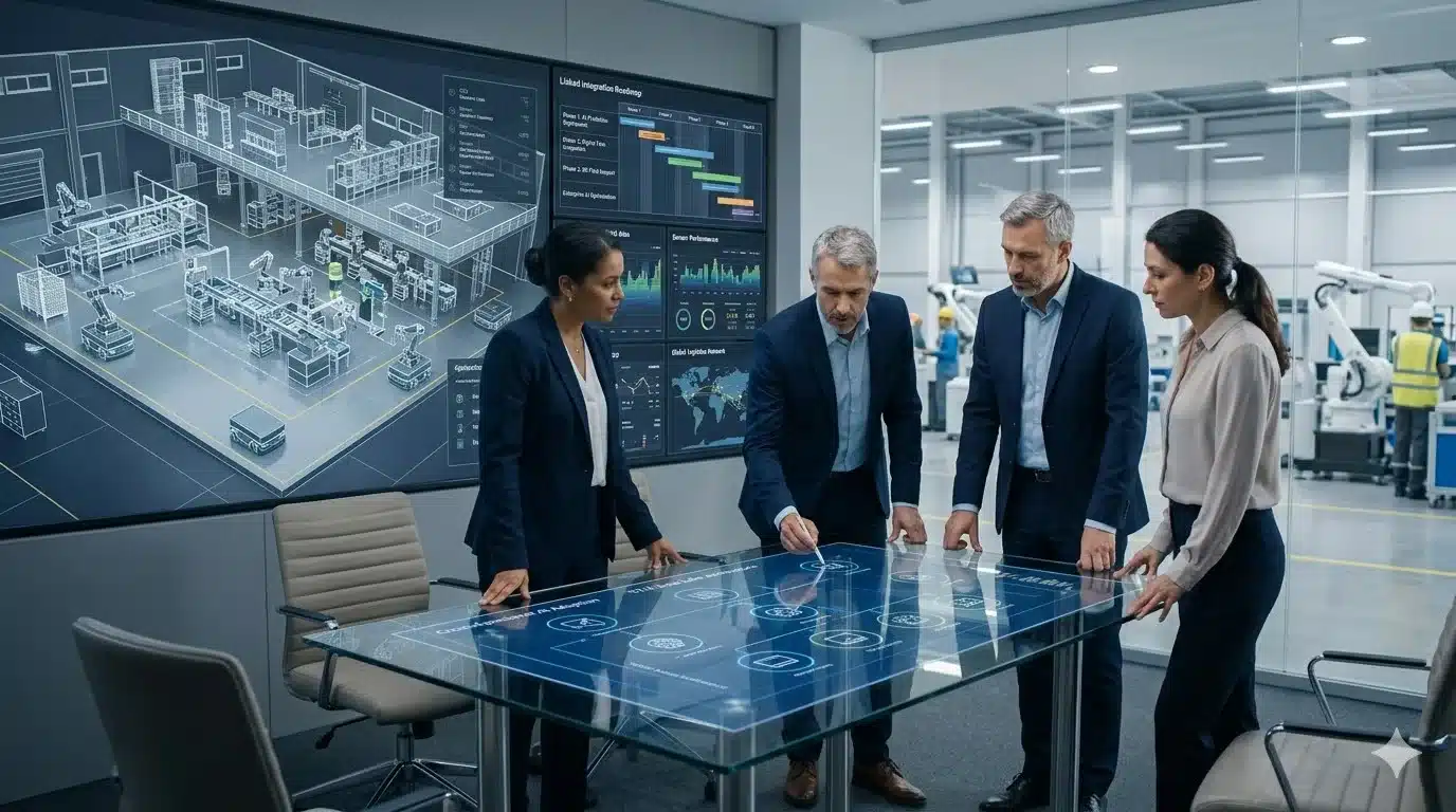 Enterprise technology integration roadmap panel - AI, XR, and digital twins convergence