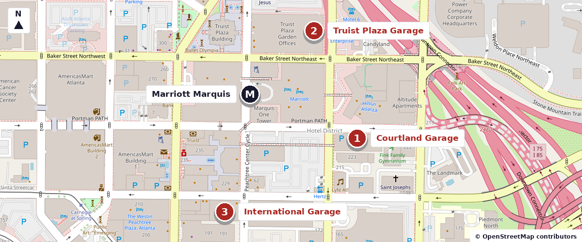 Downtown Atlanta street map marking the Marriott Marquis (M), Courtland Garage (1), Truist Plaza Garage (2), and International Garage (3).